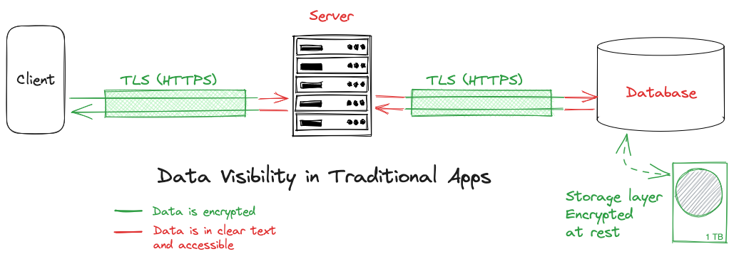 Data is encrypted (TLS) in the transport between client and server, and further between server and database, as well as at rest on the database server disk, but everywhere else is available in clear-text.