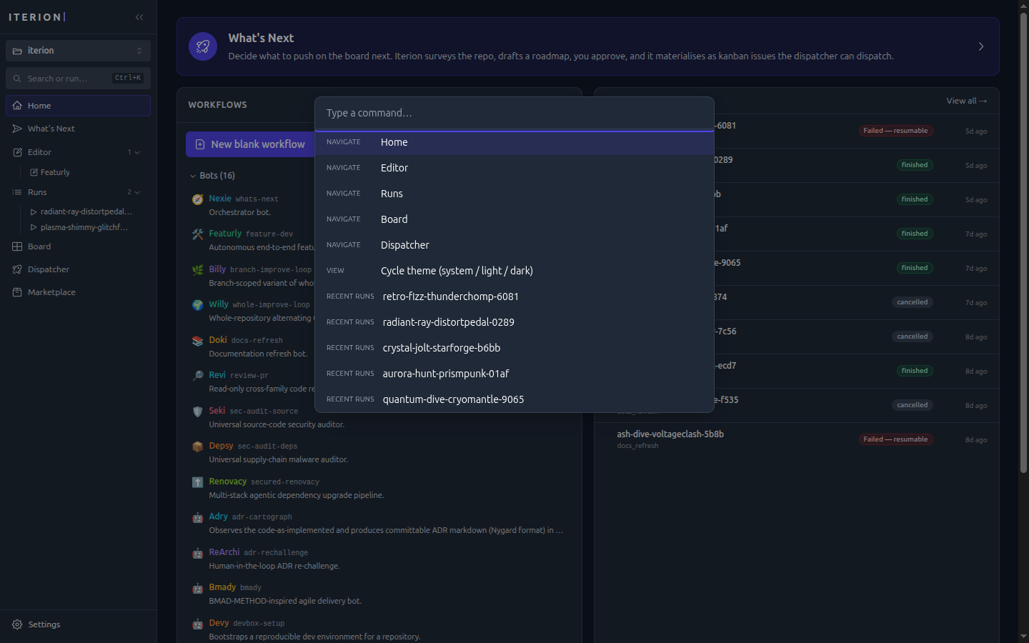 Studio command palette with navigation and recent runs