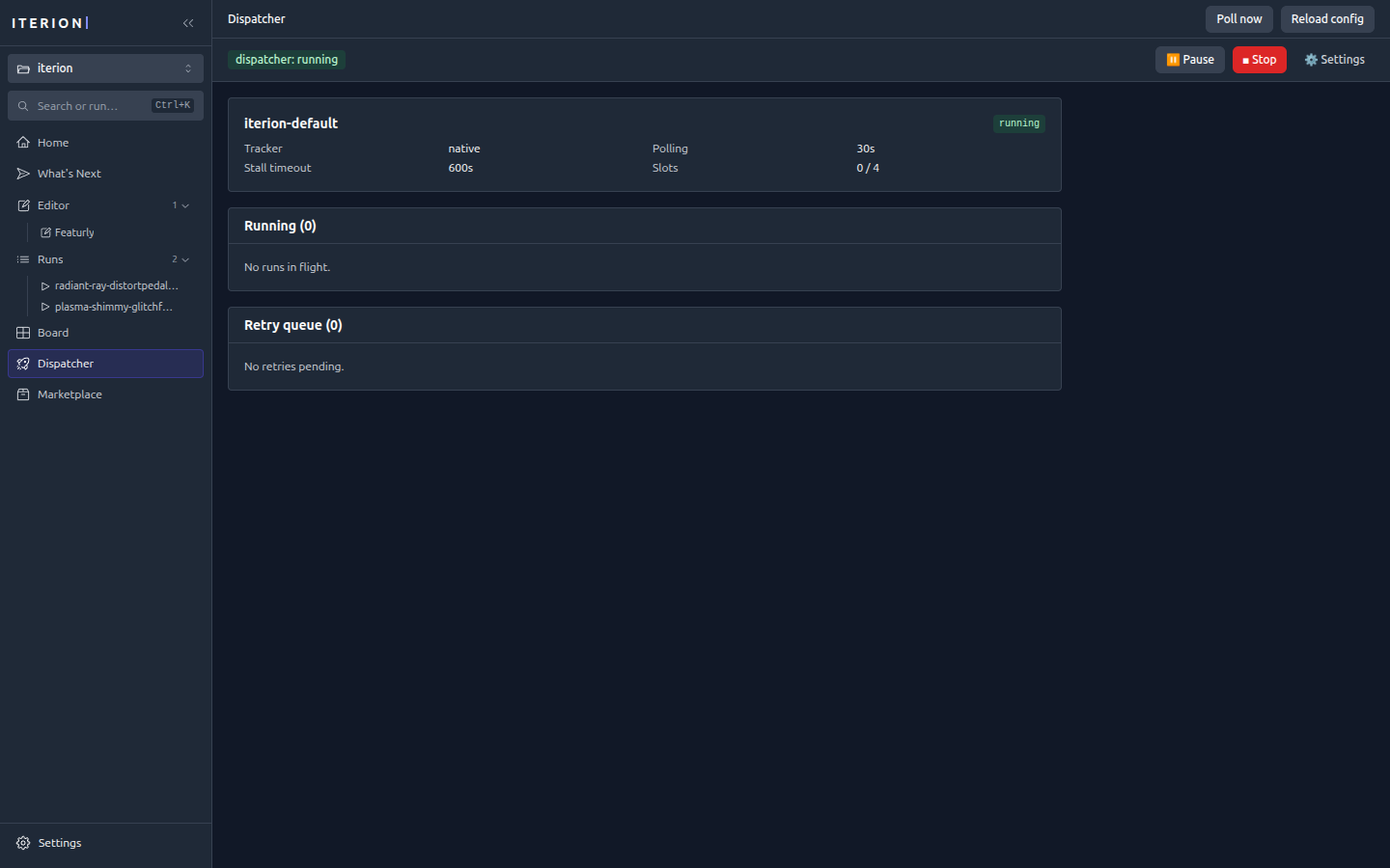 Studio dispatcher dashboard with config card and run tables