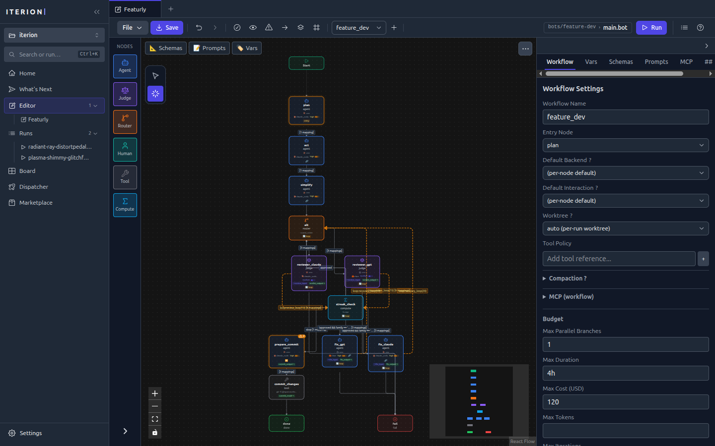 The Iterion studio — visual workflow editor with live diagnostics and a per-node inspector