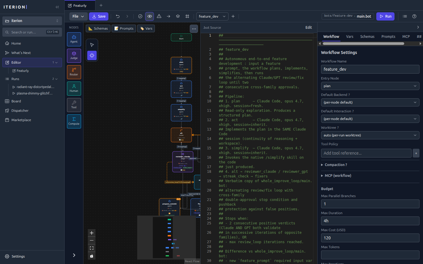 Studio source view — graph and .bot source side by side