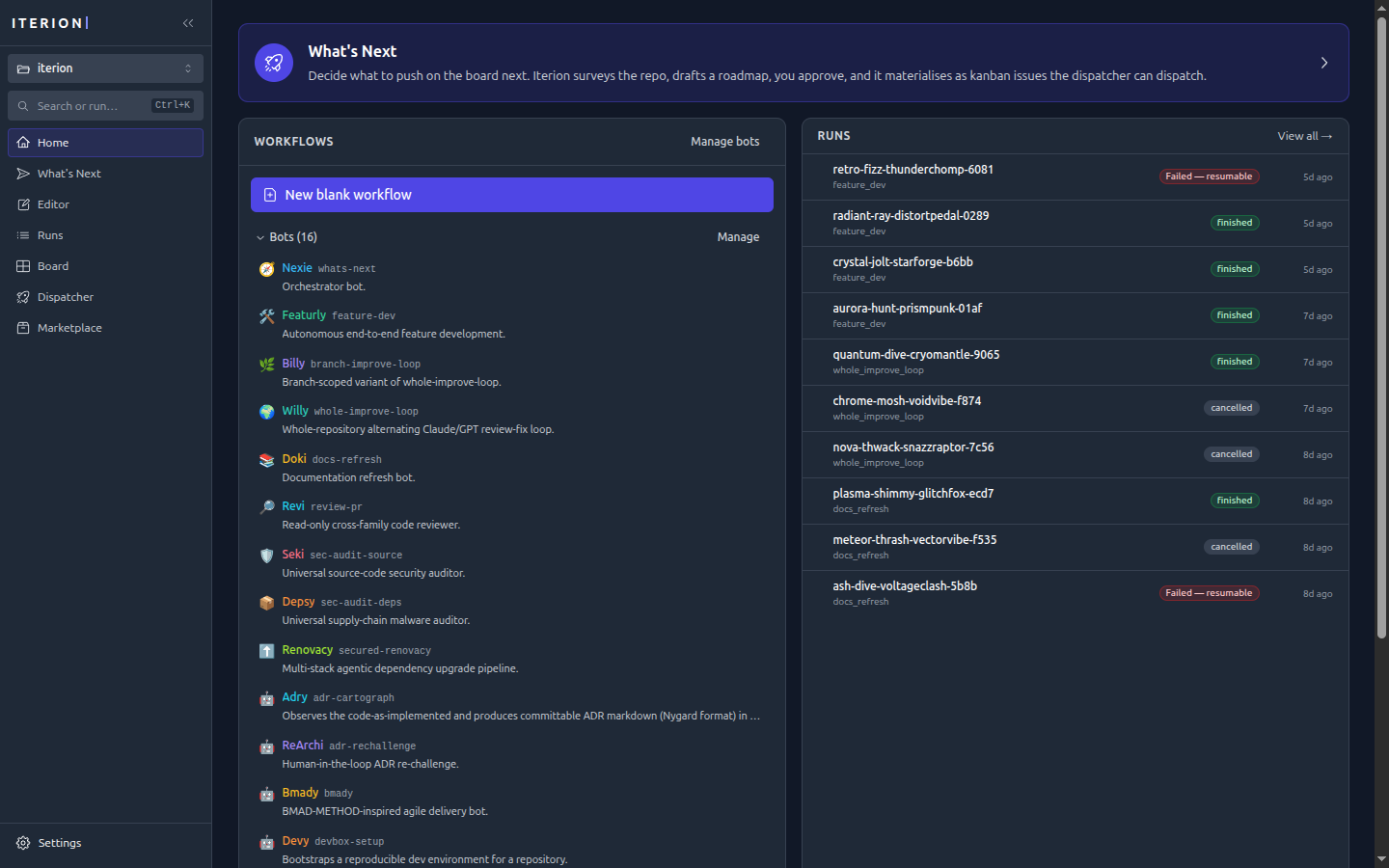 Studio home page with bots and recent runs