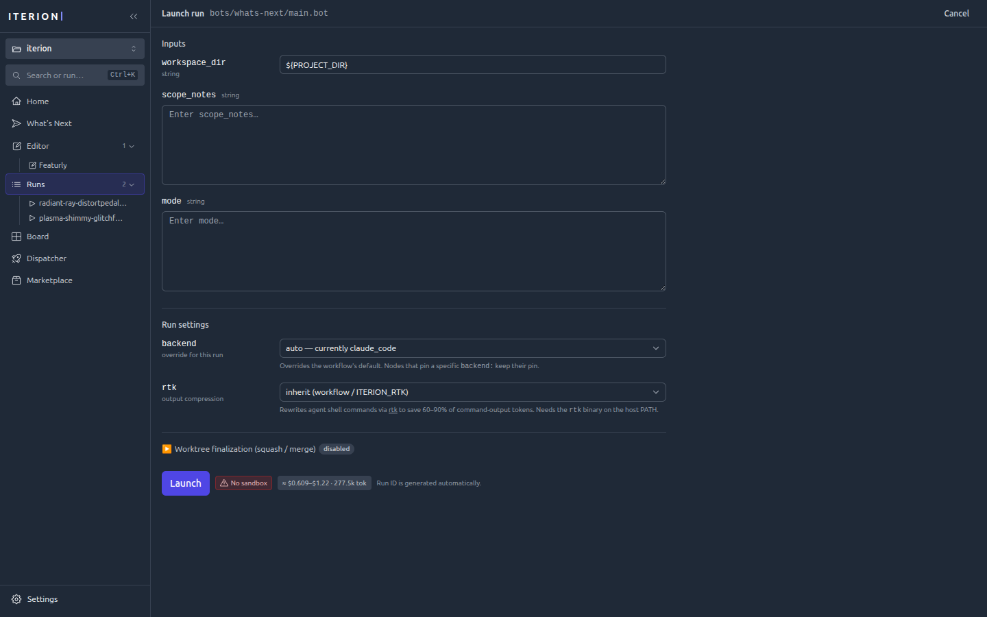 Studio launch modal with vars form, backend selector, and cost preview