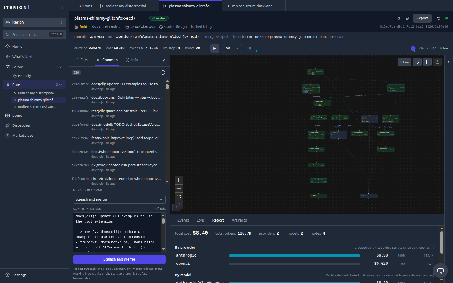 Studio run console — commit list with squash and merge