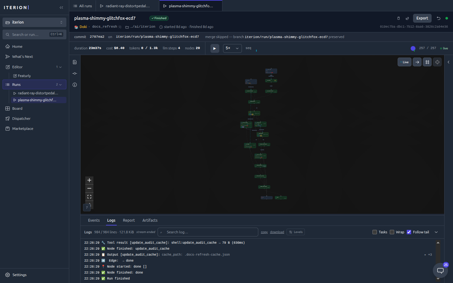 Studio run console — live IR graph and streaming logs