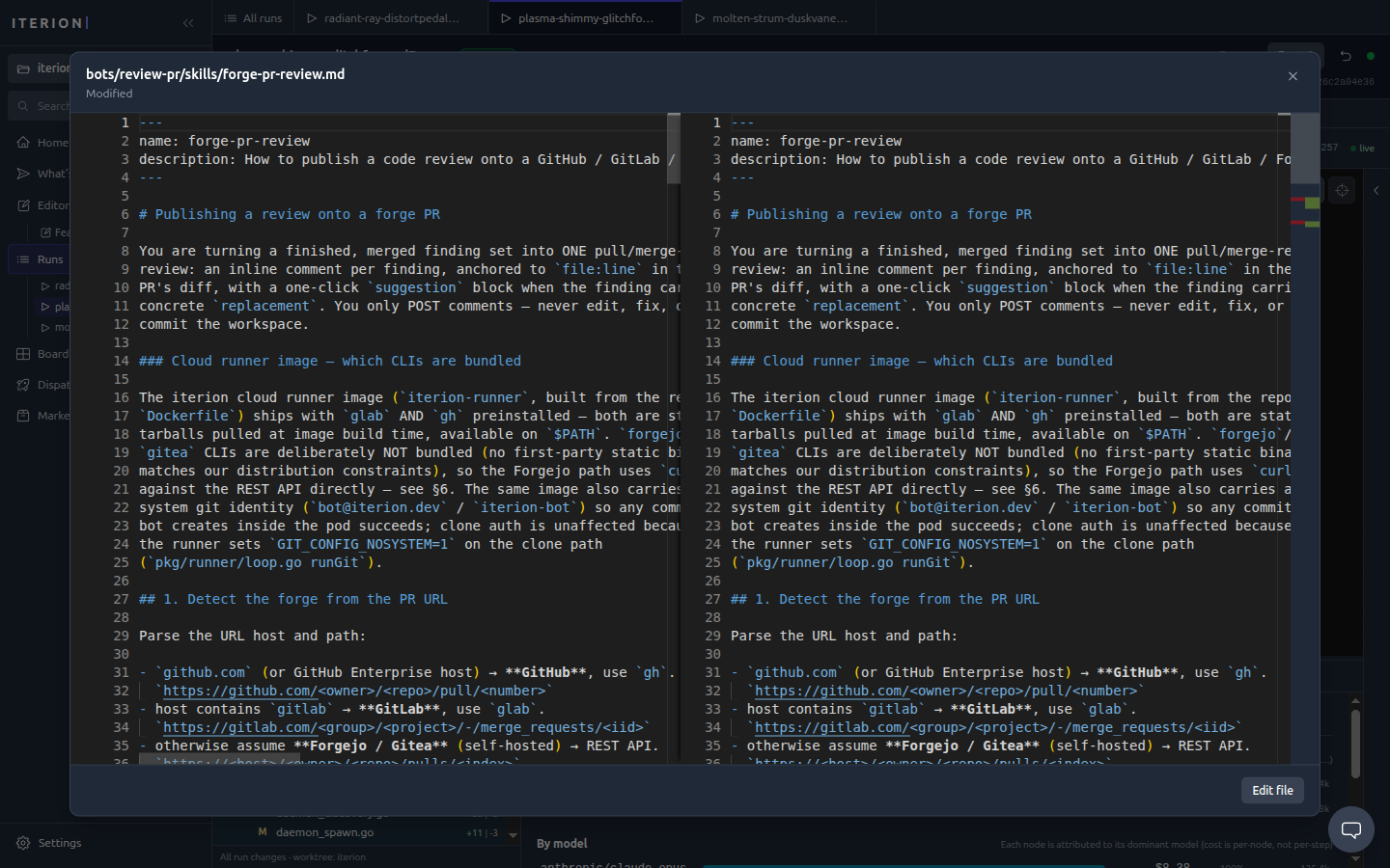 Studio run console — side-by-side file diff