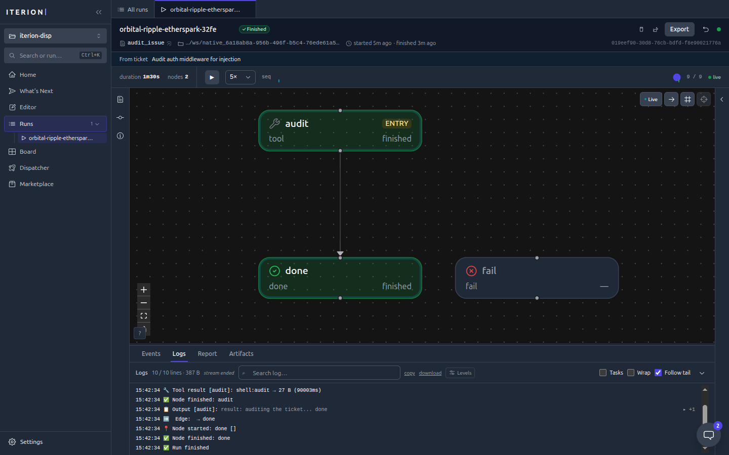 Studio run console — the From-ticket header linking a dispatched run back to its issue