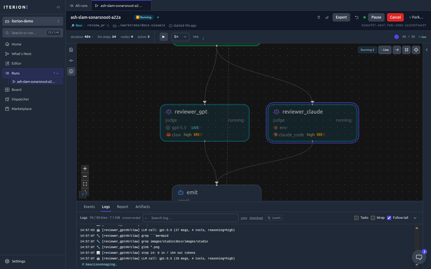 Studio run console — a run in progress with parallel judge branches