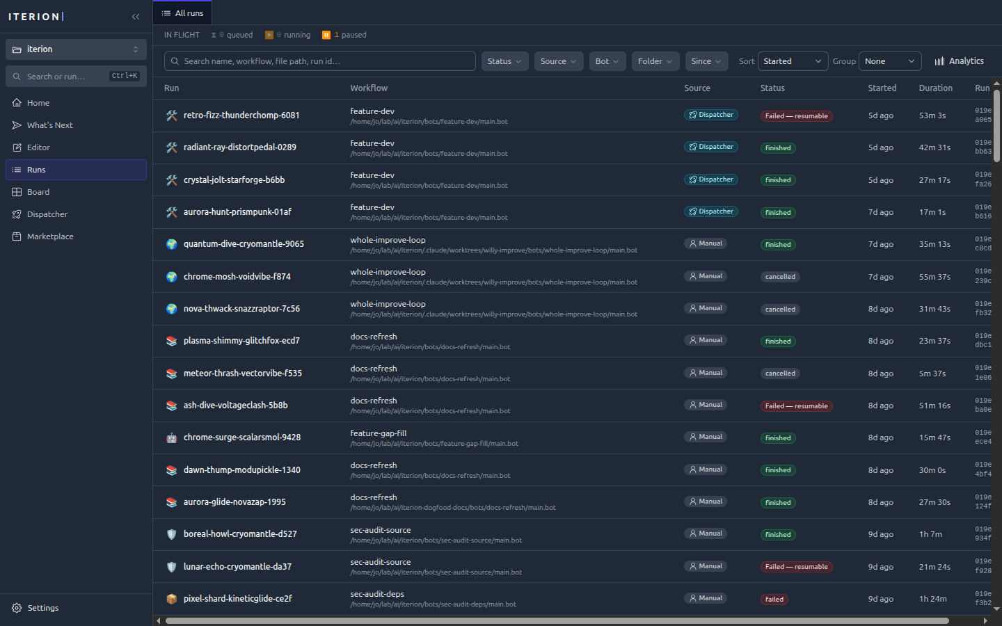 Studio runs list with status, cost, and duration columns