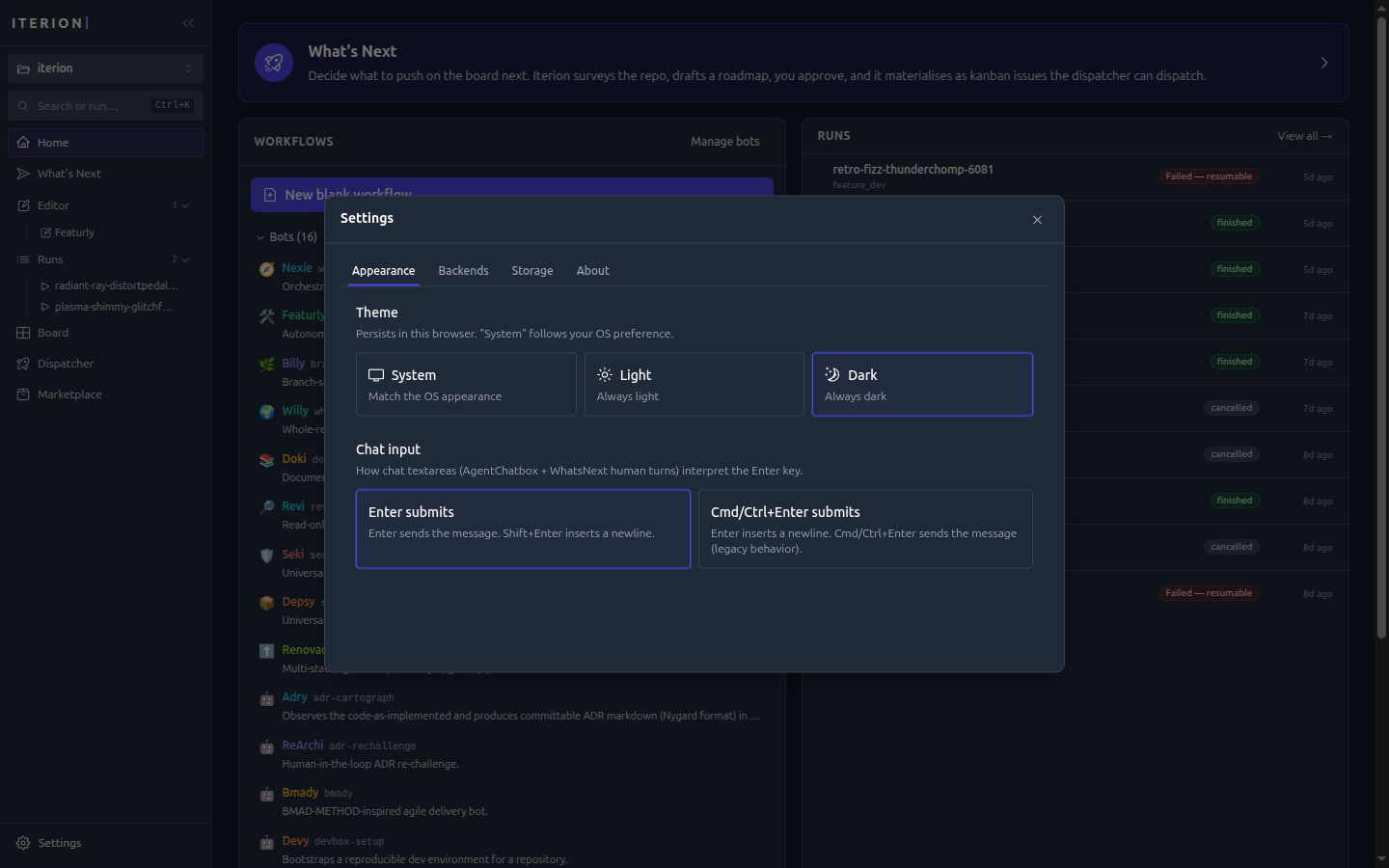 Studio settings — appearance and theme picker