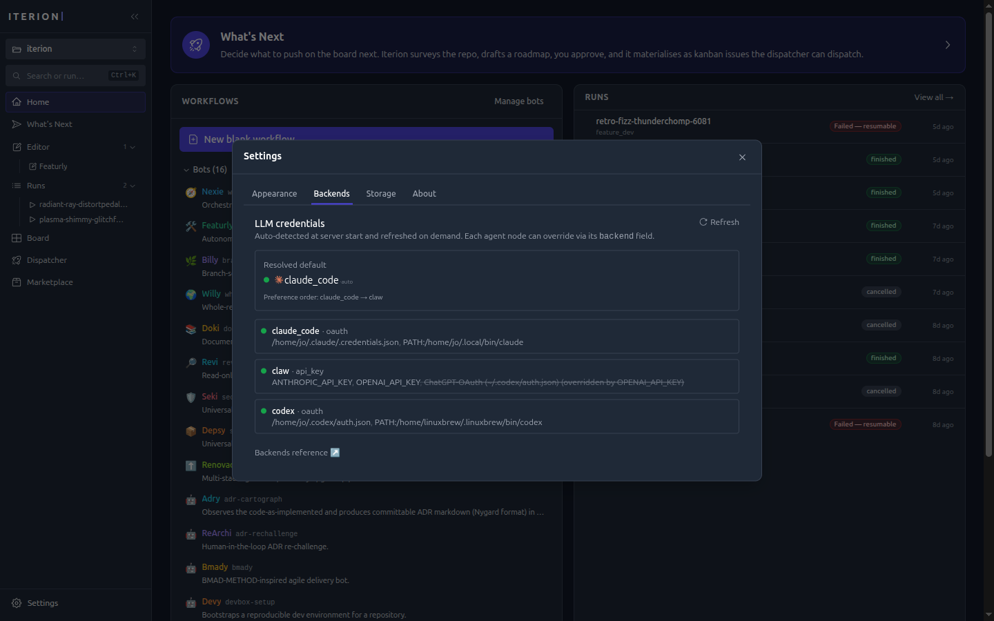 Studio settings — detected LLM backend credentials